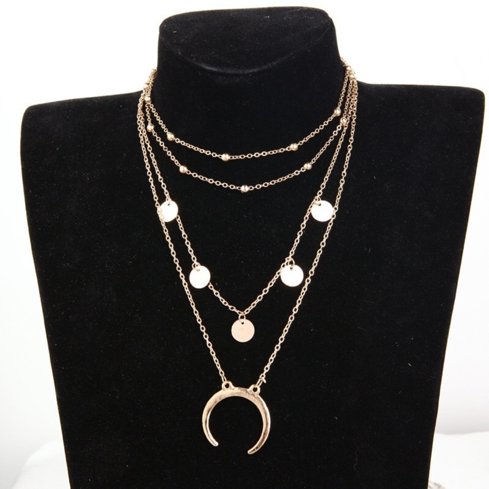 Boho Multilayer Necklace with Coins and Moon - Picture 2 of 6